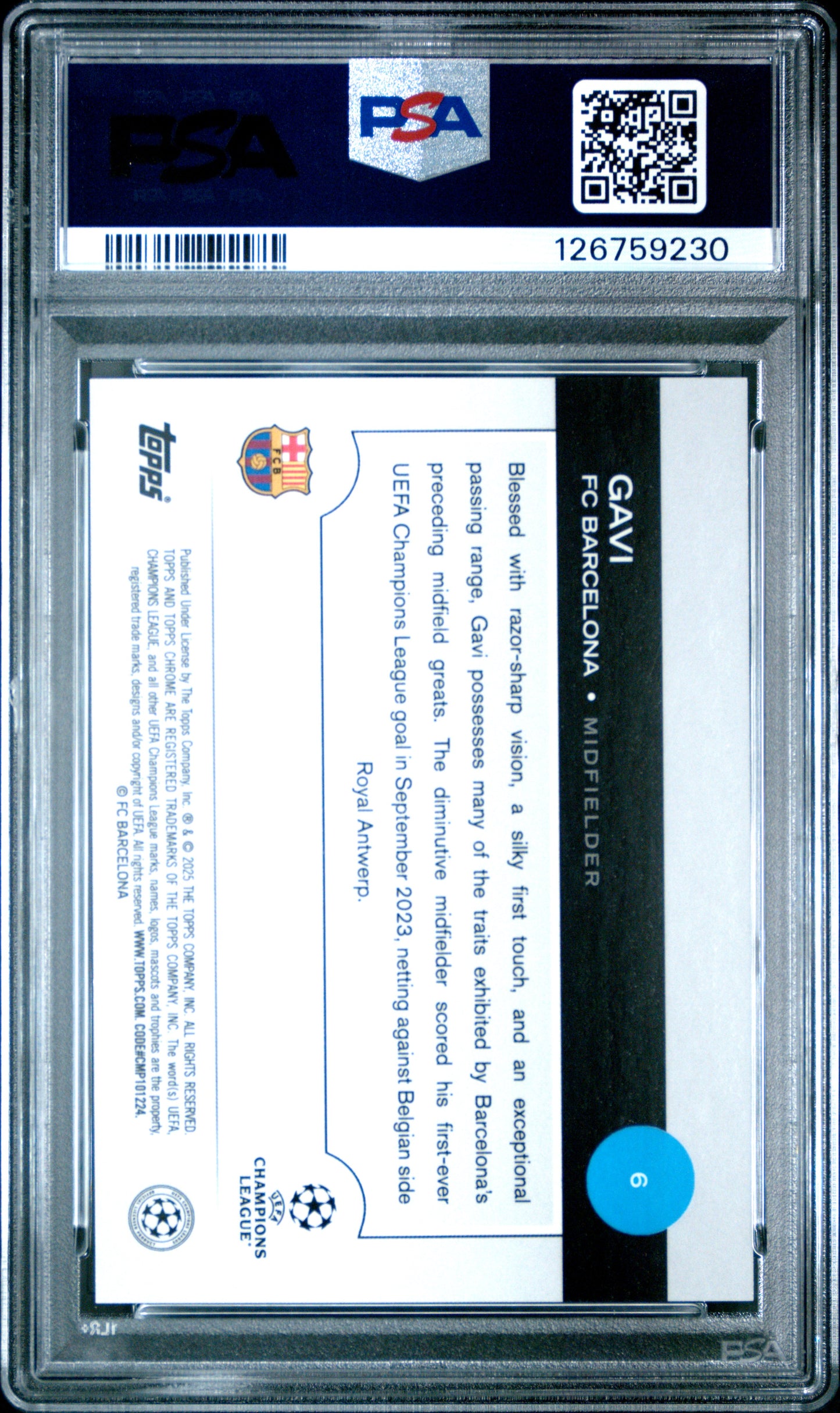 2024 Topps Chrome UEFA Club Competitions Gavi #6 Blue Lava Refractor /150 PSA 9