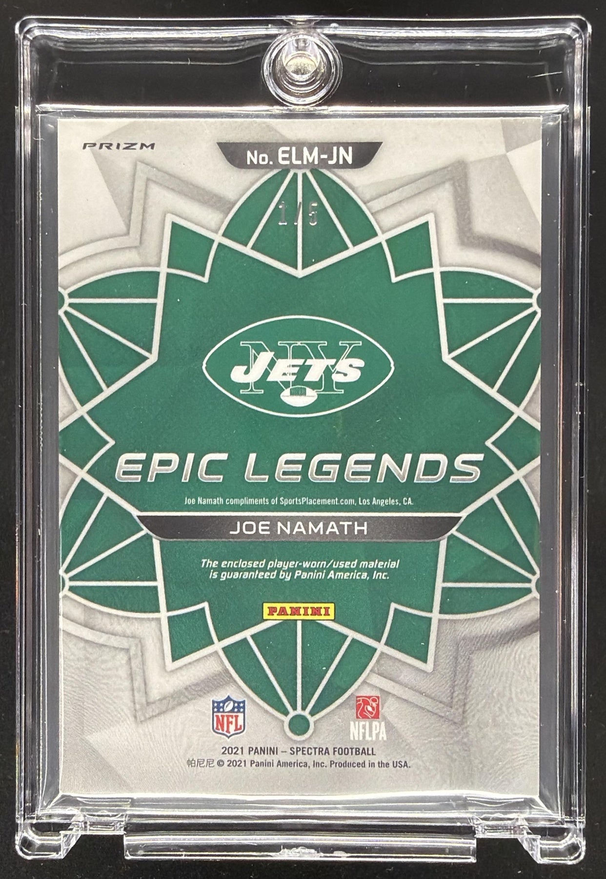 2021 Panini Spectra Joe Namath #ELM-JN Epic Legends Materials Neon /5 Patch
