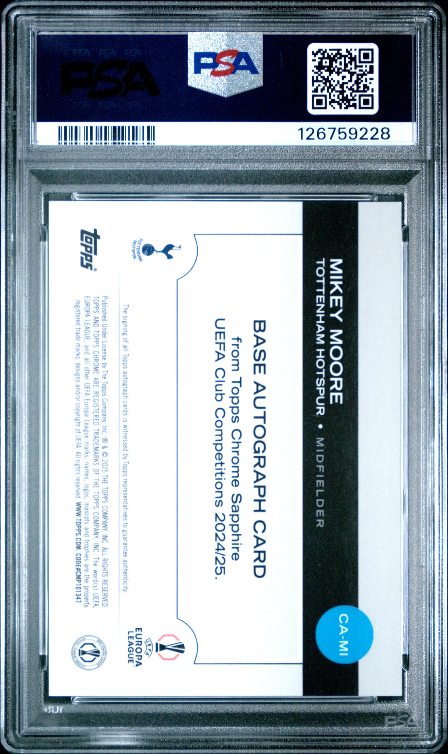 2024 Topps Chrome Sapphire UEFA Club Mikey Moore #CA-MI Auto Black /10 RC PSA 9