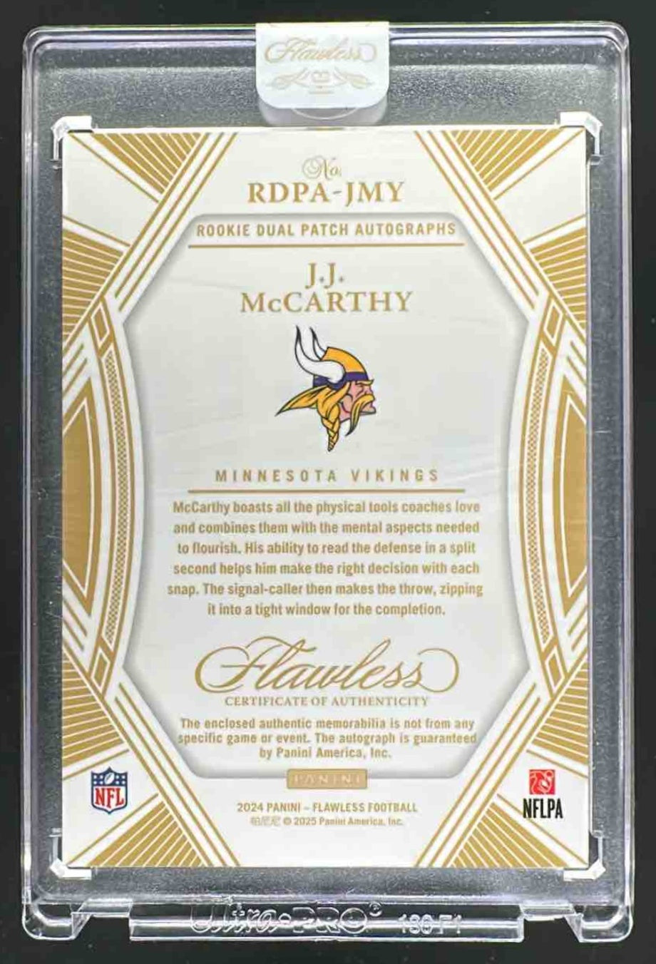 2025 Panini Flawless J.J. McCarthy #29 Dual RC Patch Auto Silver 9/20 JSY #