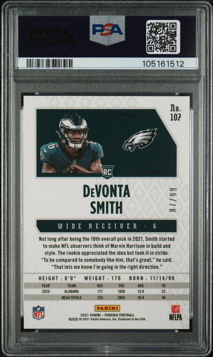 2021 Panini Phoenix DeVonta Smith #107 Orange Lazer 87/99 RC Eagles PSA 10