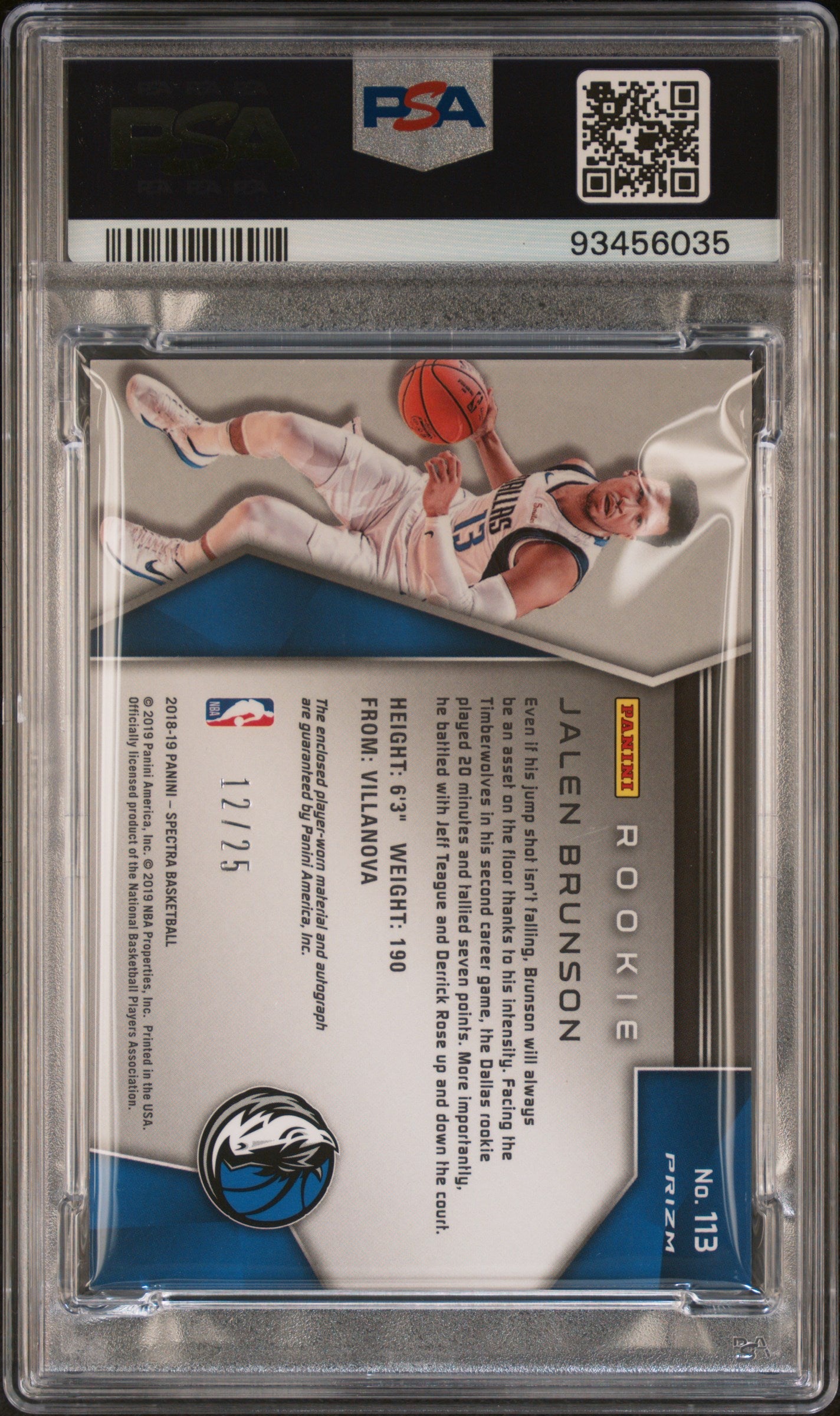 2018-19 Spectra Jalen Brunson Rookie Patch Auto Pink /25 PSA 8