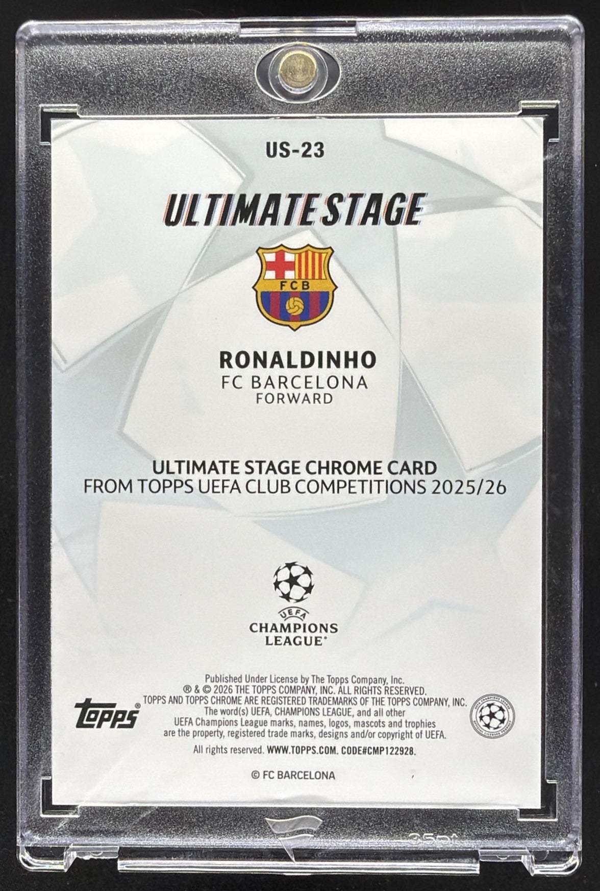 2025 Topps UEFA CC Ronaldinho #US-23 Ultimate Stage Chrome Gold Refractor /50