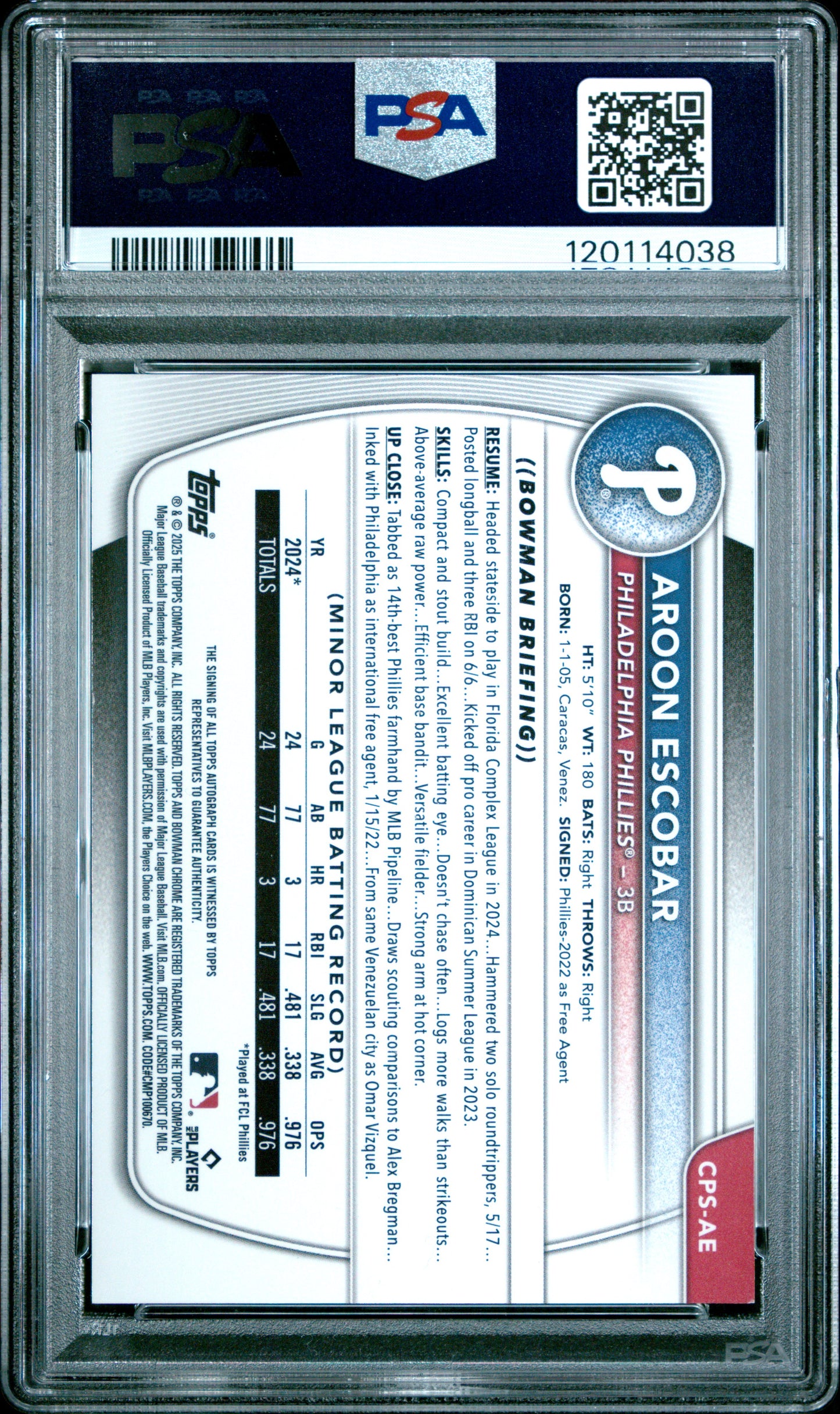 2025 Bowman Chrome Sapphire Aroon Escobar Green Sapphire Auto /99 PSA 9