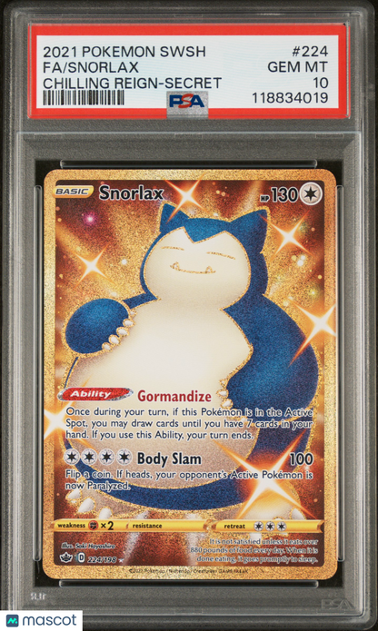 2021 Pokemon Sword & Shield Chilling Reign Snorlax #224/198 PSA 10