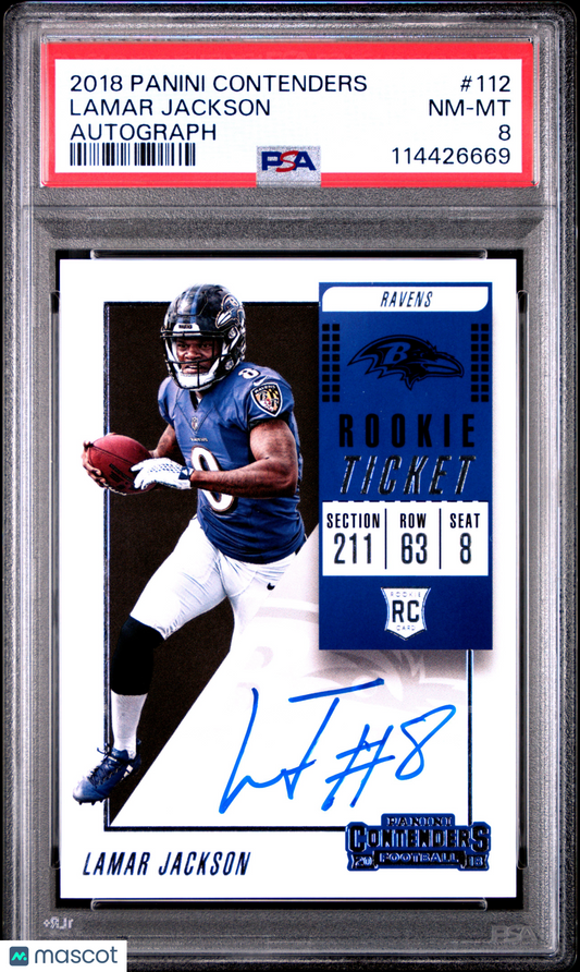2018 Contenders Lamar Jackson Rookie Ticket Auto #112 PSA 8