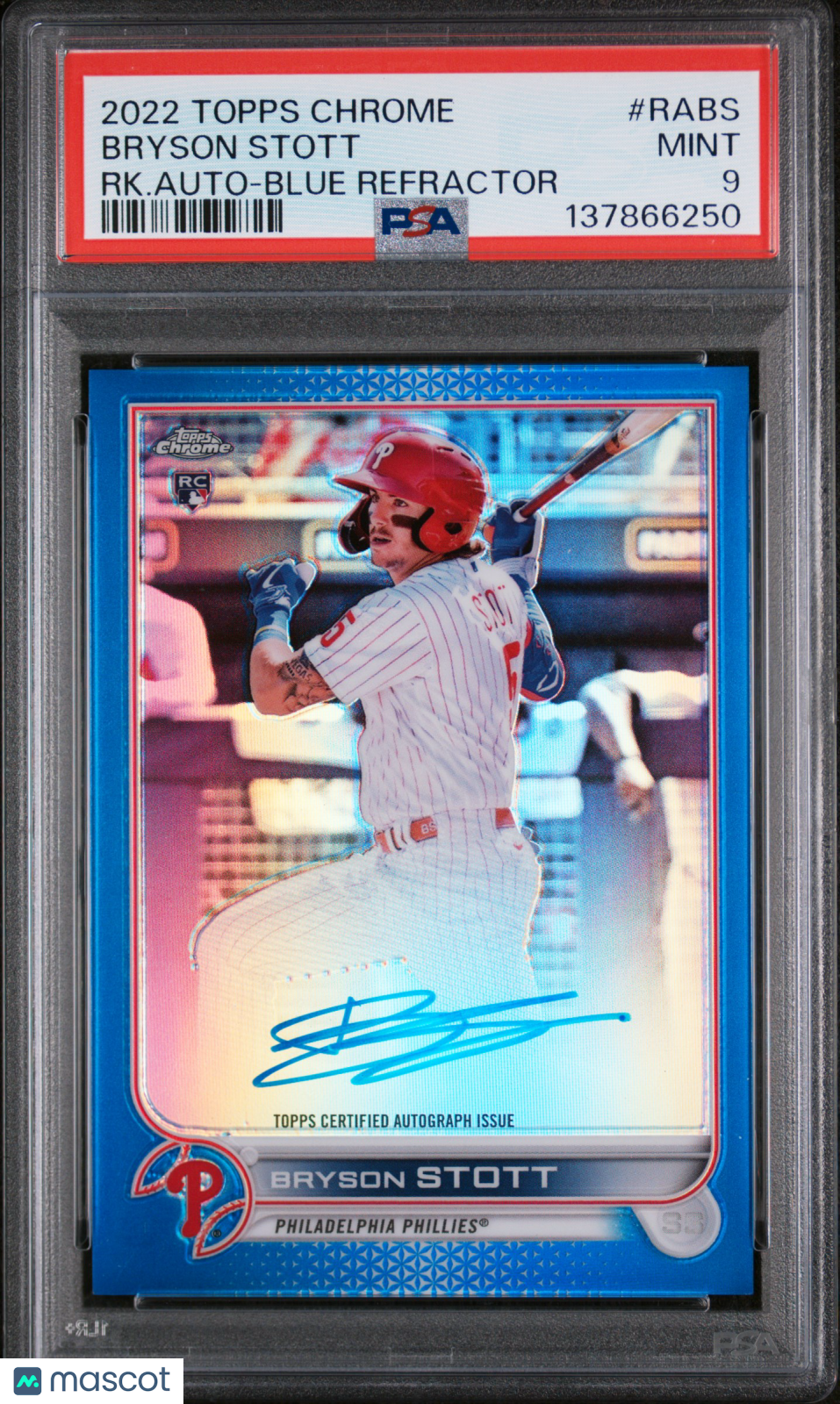 2022 Topps Chrome Bryson Stott #RA-BS Rookie Auto Blue Refractor /150 RC PSA 9