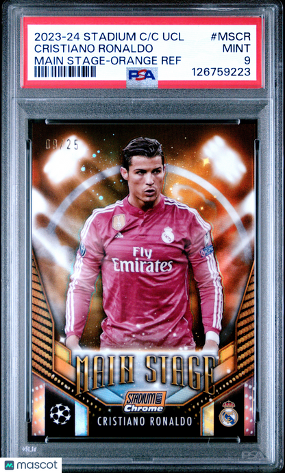 2024 Topps UEFA Club Cristiano Ronaldo Main Stage Chrome Orange Refractor /25 PSA 9