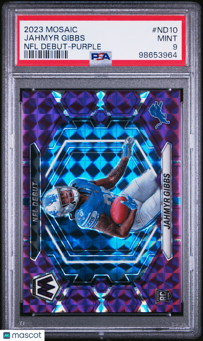 2023 Panini Mosaic Jahmyr Gibbs #ND-10 NFL Debut Purple 17/49 PSA 9