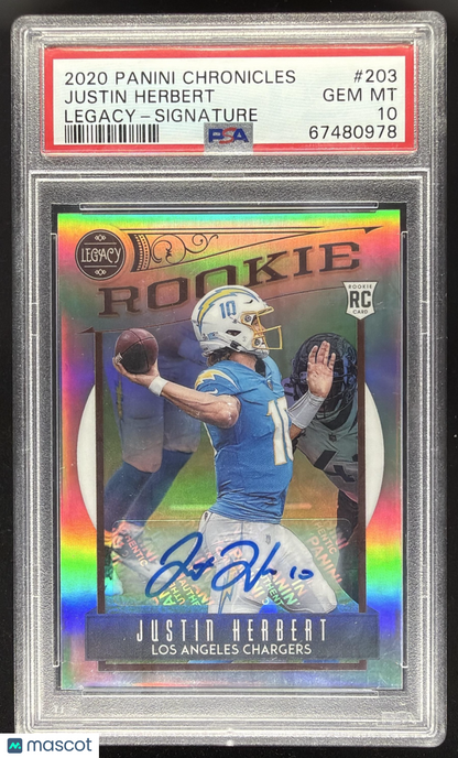 2020 Panini Chronicles Justin Herbert #203 Legacy Rookies /99 RC Auto PSA 10