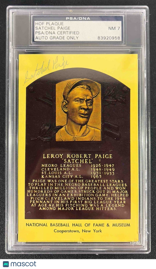 1964 Date HOF Yellow Plaque Satchel Paige Auto PSA/DNA 7