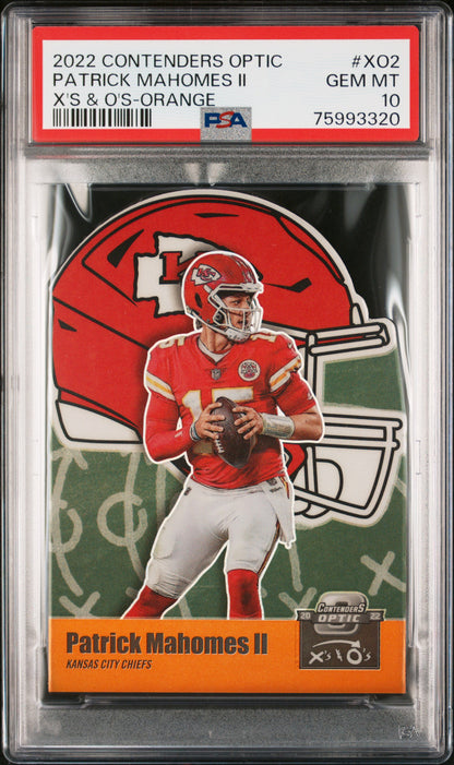 2022 Contenders Optic Patrick Mahomes X's & O's Orange 15/50 PSA 10 Jersey #