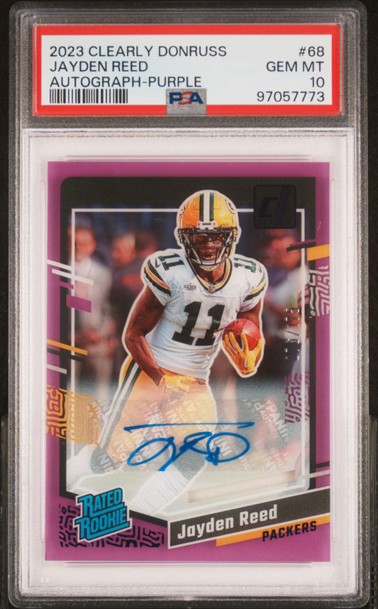 2023 Clearly Donruss Jayden Reed Purple Auto 076/175 PSA 10 RC