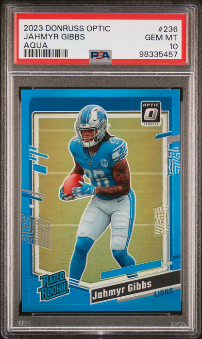 2023 Optic Jahmyr Gibbs Aqua 167/299 PSA 10 RC
